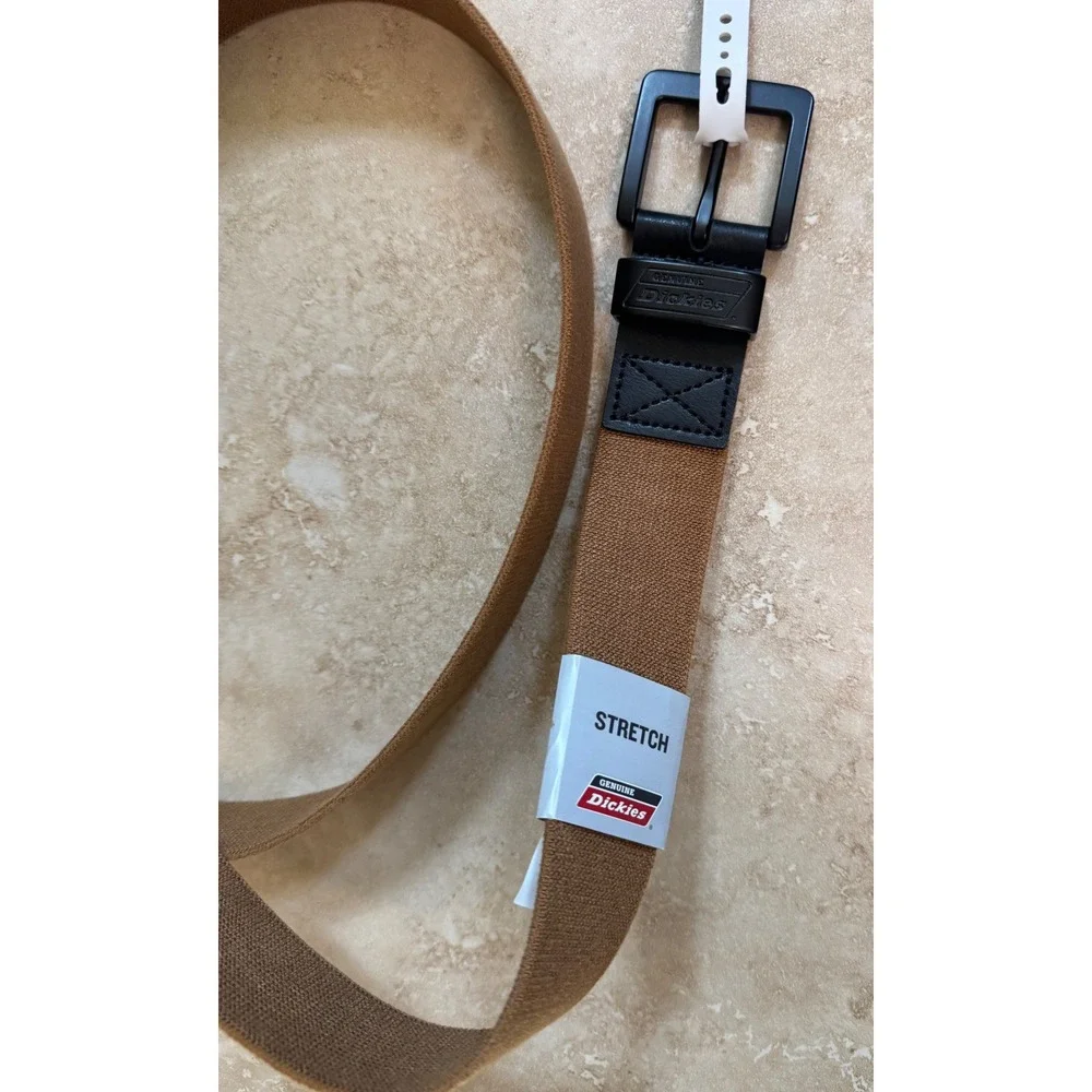 Dickies Belt Men 50-52 Brown Utility Stretch Webbed LeatherTrim Black Buckle NEW